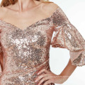 Sequin Rose Gold Flutter Sleeve Tight Red Carpet Modern Evening Dress Gown